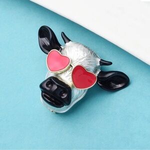 Cow Head Pin with Heart Sunglasses - White, Black & Red